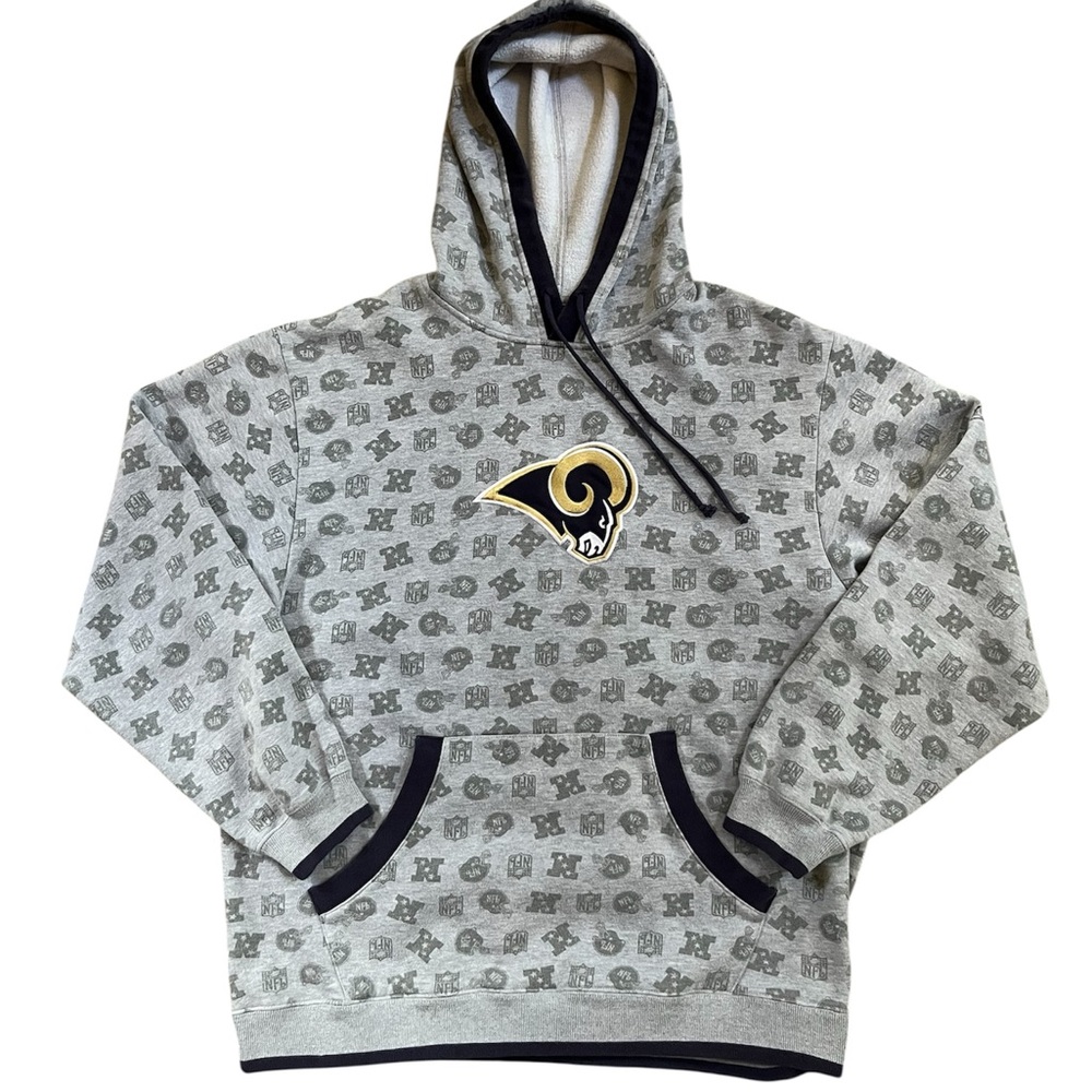 NFL Reebok Rams Grey Hoodie Large All Over NFL Logo 
Pullover kangaroo pocket